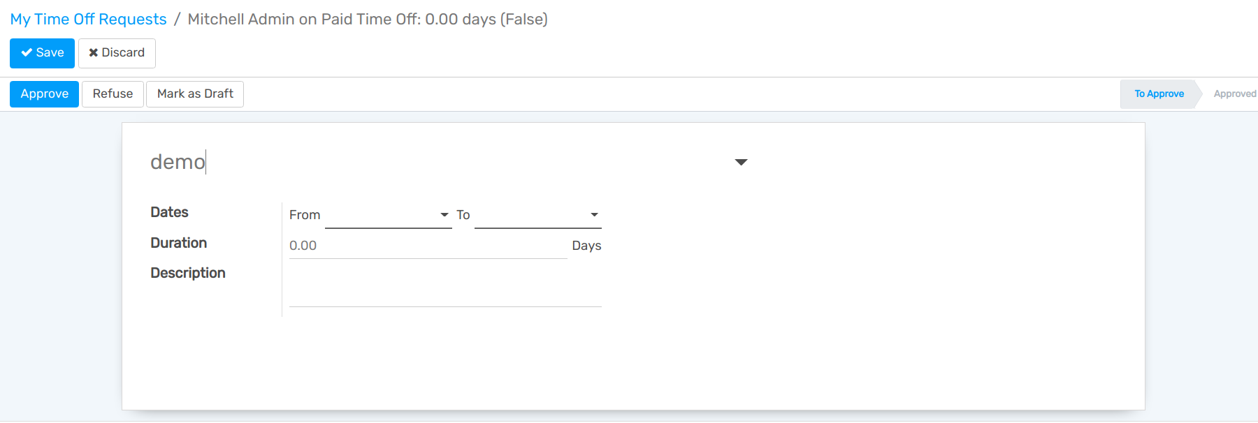 View of the time off request form in openAPPone Time Off