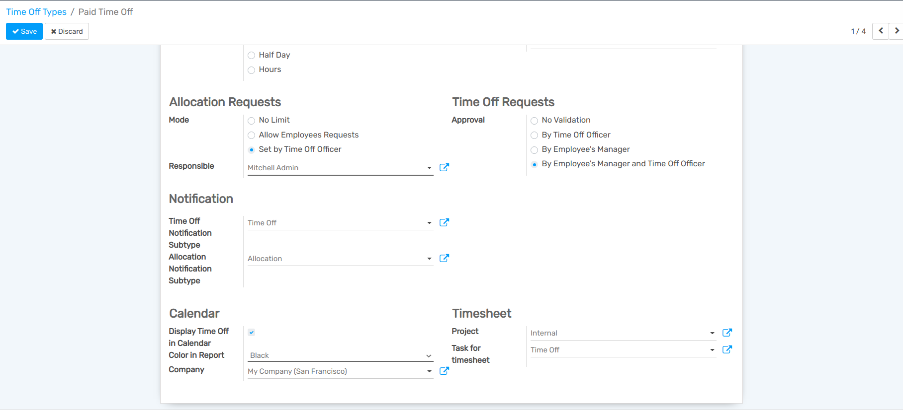 View of a time off types form emphasizing the time off requests and timesheets section in openAPPone Time Off