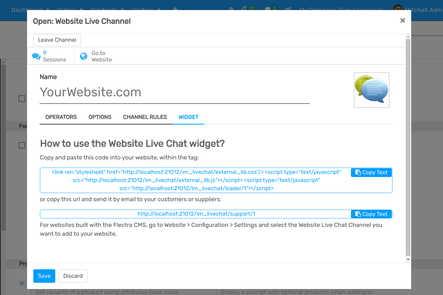 View of the widget tab for openAPPone Live Chat